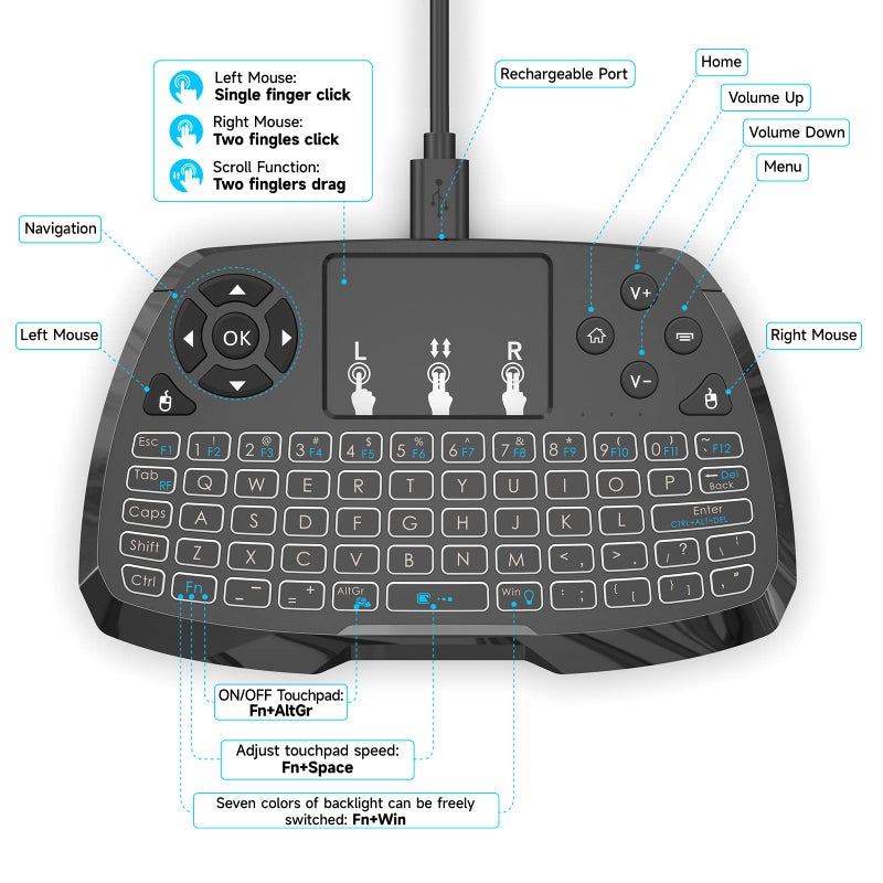 Miritz A3 Bluetooth Mini Keyboard with Touchpad - Universal 2.4GHz Backlit Handheld Keyboard & Mouse Combo for Smart TV/PC/Android TV/PS4/MacOS/Tablet - Image 4